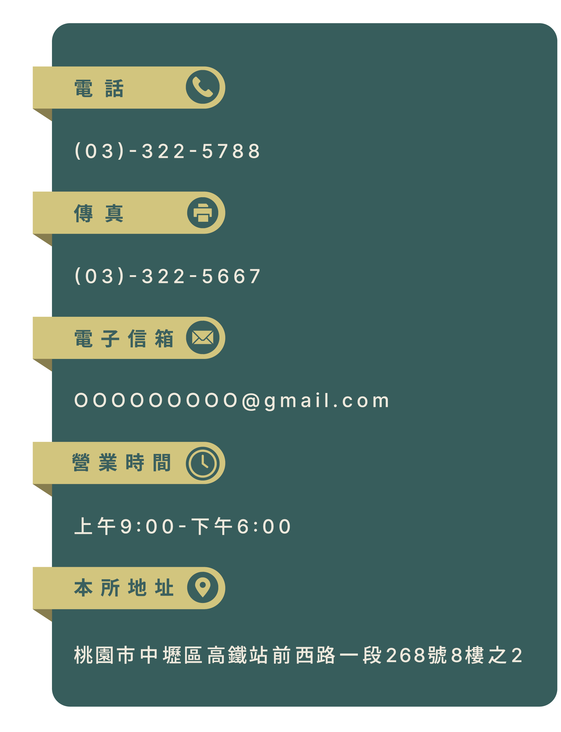 聯絡資訊：電話、傳真、電子信箱、營業時間與地址